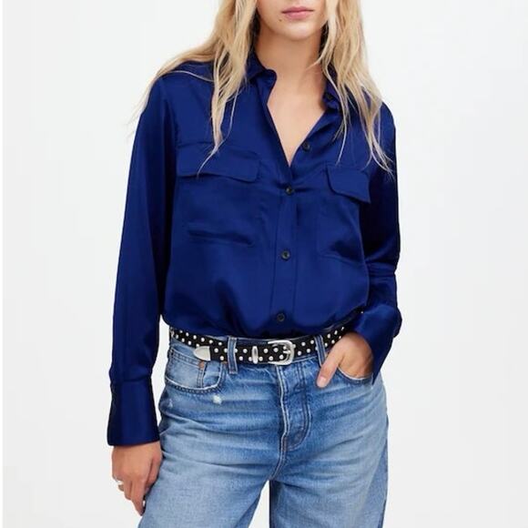 NWT Madewell 100% Silk Flap-Pocket Button-Up Shirt Deep Cobalt Blue Size Large - Picture 1 of 10